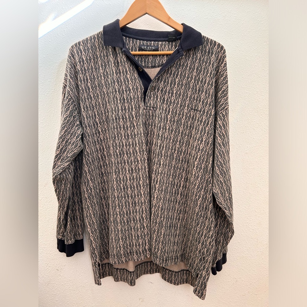 90’s Men’s Guess Vintage Polo Long-sleeve Size Large Geometric Shapes